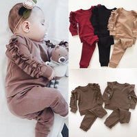 Thumbnail for Newborn Baby Boys Girls Ruffles Jumper Solid Long Sleeve Sweatshirt Tops Pants Infant Kids 2Pcs Outfits Clothes Set Fall Clothes