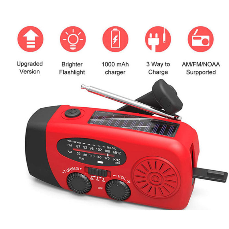 Solar hand crank USB charging radio flashlight